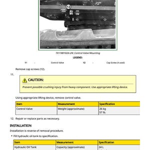 Puede incluir: Diagrama de montaje de v&aacute;lvula de control, TX1188102A-UN, con una leyenda que indica la v&aacute;lvula de control y los tornillos de tapa. Incluye una advertencia sobre lesiones por aplastamiento y especificaciones para la v&aacute;lvula de control, que pesa aproximadamente 26 kg.