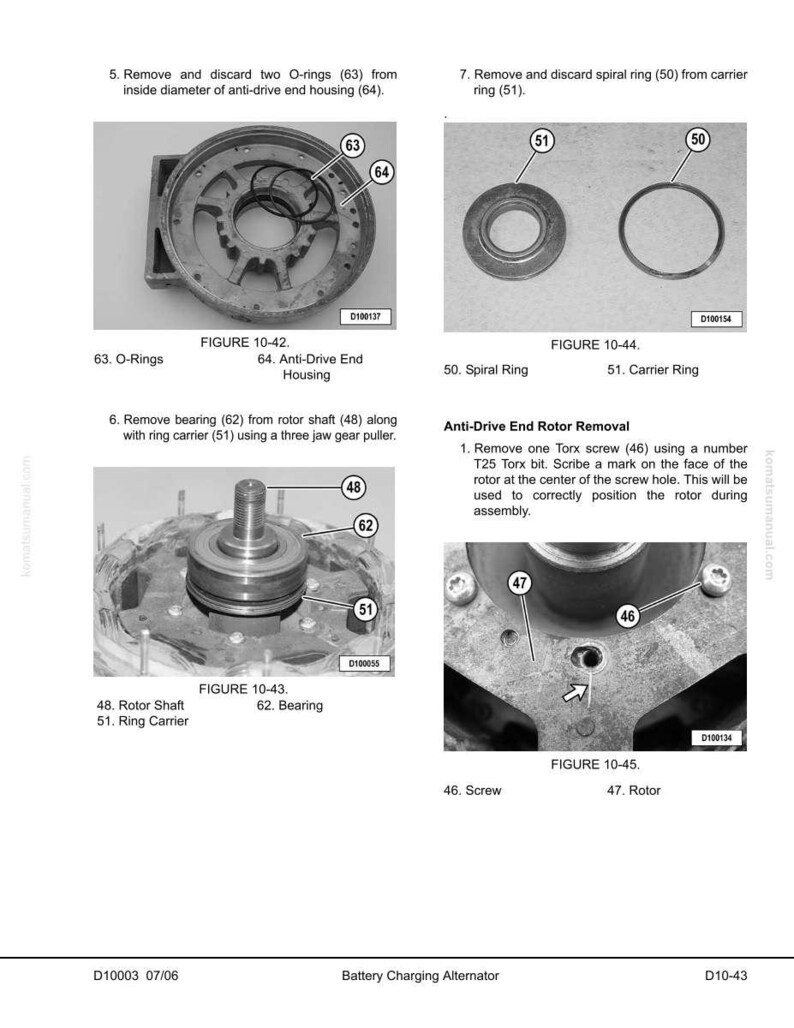 May include: Technical diagram showing components of a battery charging alternator. Includes images of O-rings, a spiral ring, rotor shaft, and screw. Text labels identify each part for assembly and disassembly.