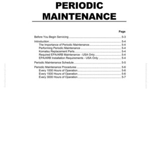 May include: A white page from a manual with the title "PERIODIC MAINTENANCE" in bold black letters. The page includes a table of contents with topics like "Periodic Maintenance Schedule" and "Every 1000 Hours of Operation."