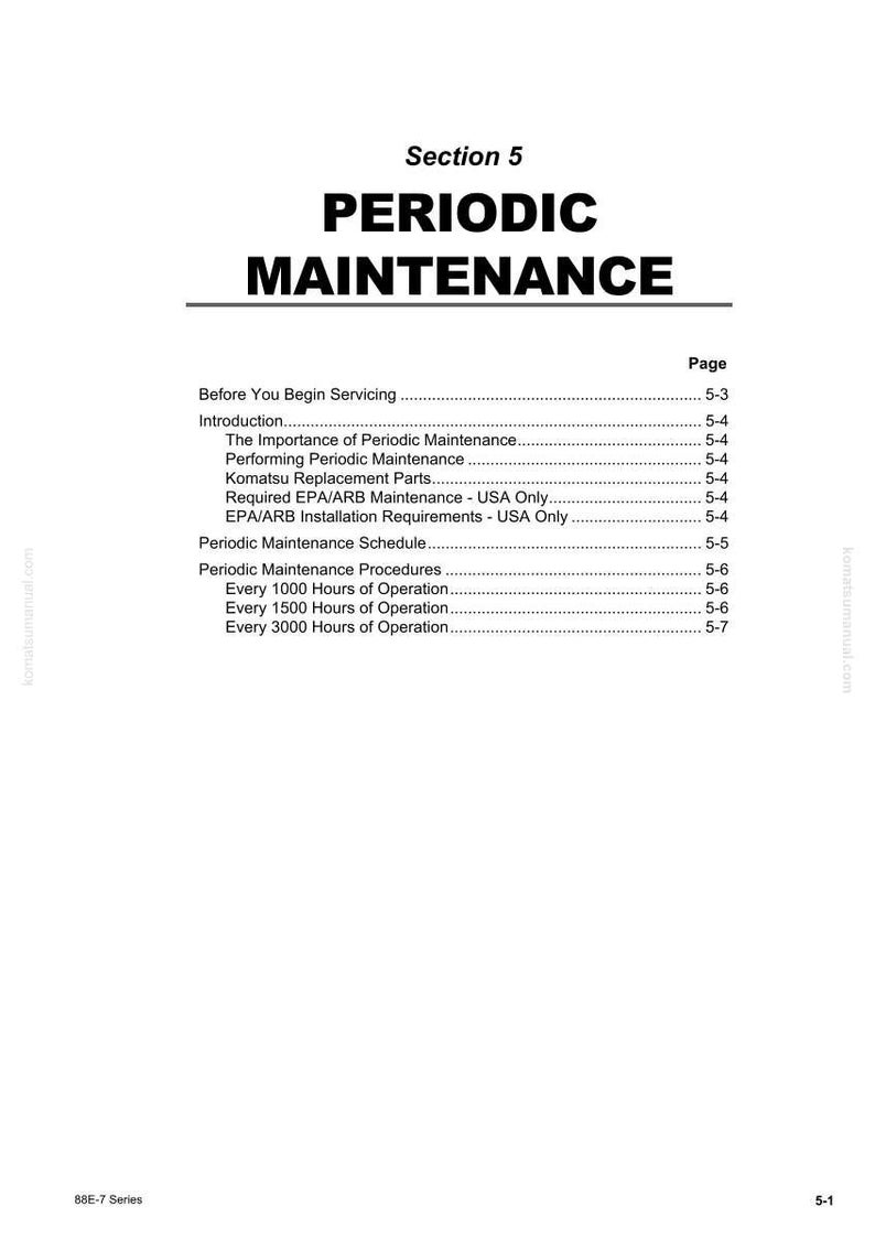 May include: A white page from a manual with the title "PERIODIC MAINTENANCE" in bold black letters. The page includes a table of contents with topics like "Periodic Maintenance Schedule" and "Every 1000 Hours of Operation."