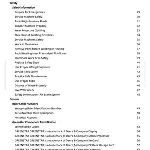 May include: A white page with a black table of contents for a manual. The table lists safety information, including topics like emergency preparation, safe machine service, and avoiding high-pressure fluids. The manual also covers baler serial numbers and GreenStar component identification.