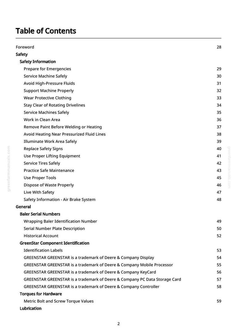 May include: A white page with a black table of contents for a manual. The table lists safety information, including topics like emergency preparation, safe machine service, and avoiding high-pressure fluids. The manual also covers baler serial numbers and GreenStar component identification.
