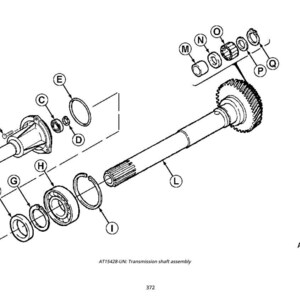 May include: An exploded diagram of a transmission shaft assembly, labeled AT15428. The black and white illustration shows various components, including a shaft with a gear, bearings, and retaining rings. The text "AT15428-UN: Transmission shaft assembly" is also present.