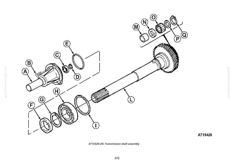 May include: An exploded diagram of a transmission shaft assembly, labeled AT15428. The black and white illustration shows various components, including a shaft with a gear, bearings, and retaining rings. The text "AT15428-UN: Transmission shaft assembly" is also present.