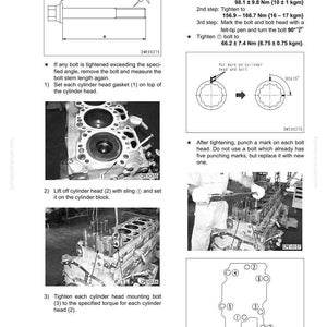 May include: A technical diagram from a manual detailing the disassembly and assembly of an engine. The image includes diagrams, instructions, and torque specifications for cylinder head bolts, with measurements in Nm and kgm.