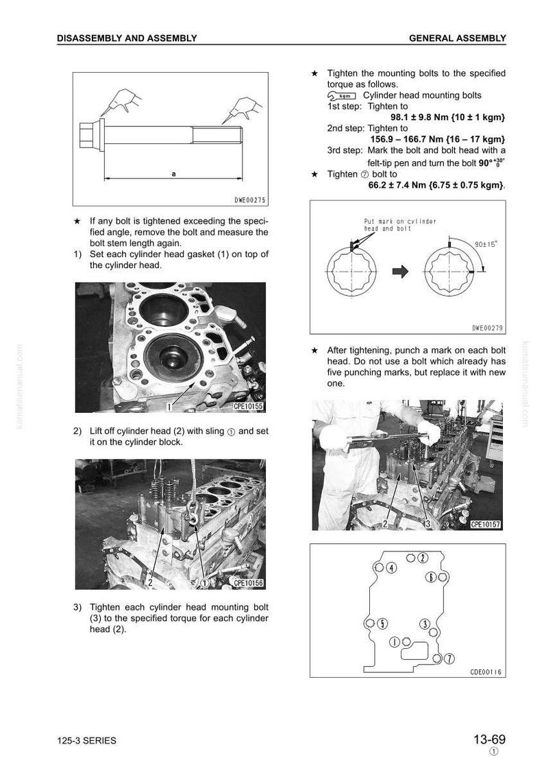 May include: A technical diagram from a manual detailing the disassembly and assembly of an engine. The image includes diagrams, instructions, and torque specifications for cylinder head bolts, with measurements in Nm and kgm.