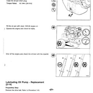 May include: Page from a manual detailing the lubricating oil system. Includes diagrams of engine components, instructions for installing the oil pan drain plug, and checking oil levels. Text includes "17 mm" and "80 Nm [59 ft-lb]" for torque value.