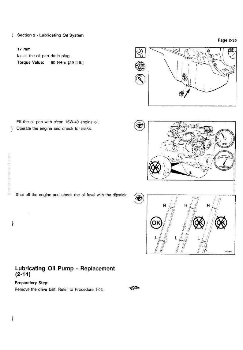 May include: Page from a manual detailing the lubricating oil system. Includes diagrams of engine components, instructions for installing the oil pan drain plug, and checking oil levels. Text includes "17 mm" and "80 Nm [59 ft-lb]" for torque value.