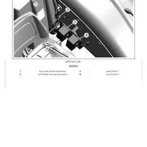 May include: Diagram of mechanical components, including a fuel level sender connector, left fender harness connector, and load centers. The image is labeled with numbers and text for identification.