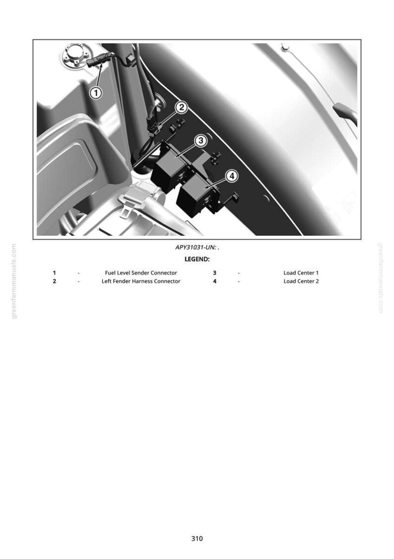 May include: Diagram of mechanical components, including a fuel level sender connector, left fender harness connector, and load centers. The image is labeled with numbers and text for identification.