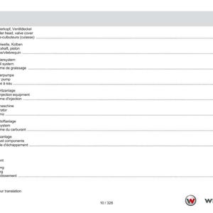 May include: A manual page with a table of contents in German, English, and French. The table lists engine components including cylinder head, crankshaft, and fuel system. The Weidemann logo is in the bottom right corner.