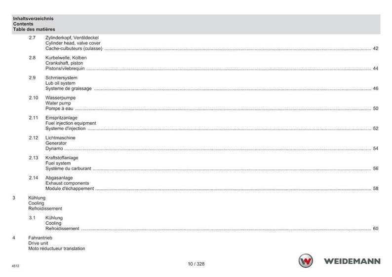 May include: A manual page with a table of contents in German, English, and French. The table lists engine components including cylinder head, crankshaft, and fuel system. The Weidemann logo is in the bottom right corner.