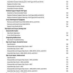 May include: A page from a manual with a detailed table of contents. The text includes specifications for various mechanical components, such as constant velocity joints, driveline shields, and slip clutches. Page number 4 is visible.
