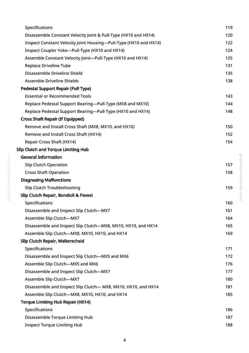 May include: A page from a manual with a detailed table of contents. The text includes specifications for various mechanical components, such as constant velocity joints, driveline shields, and slip clutches. Page number 4 is visible.