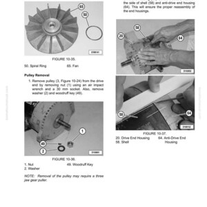 Op de afbeelding: Technische diagram met explosietekeningen van een dynamo. Onderdelen zijn een ventilator, spiraalring, moer, ring en spie. Instructies voor het verwijderen van de poelie en de behuizing.