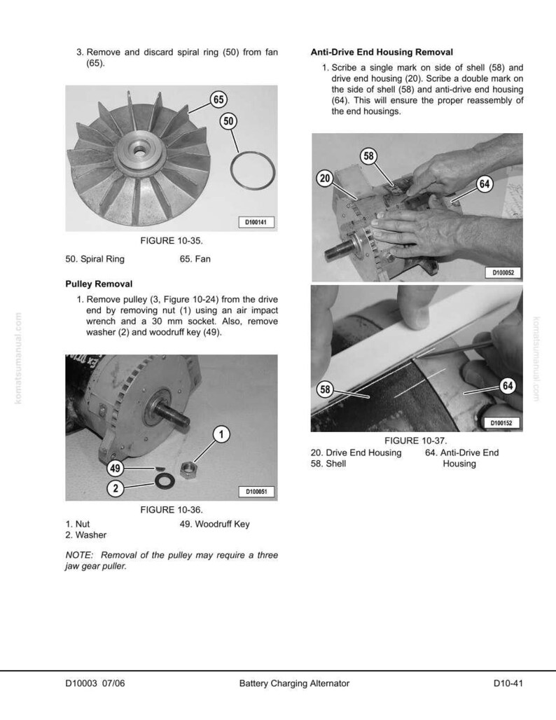 Op de afbeelding: Technische diagram met explosietekeningen van een dynamo. Onderdelen zijn een ventilator, spiraalring, moer, ring en spie. Instructies voor het verwijderen van de poelie en de behuizing.