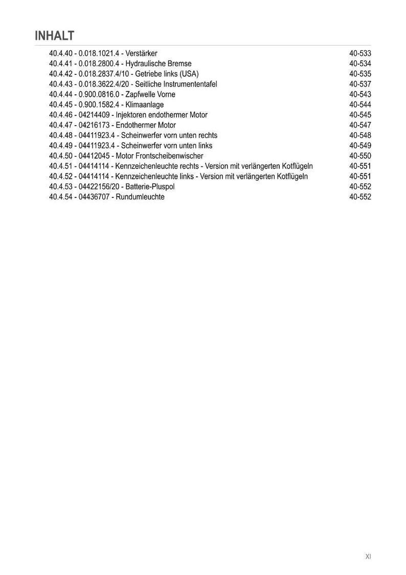 K&ouml;nnte beinhalten: Eine wei&szlig;e Seite mit einer Liste von Autoteilen und ihren Teilenummern. Der Titel lautet "INHALT". Die Liste enth&auml;lt Artikel wie "Hydraulische Bremse" und "Getriebe links (USA)".