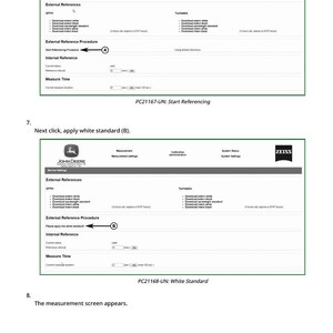 Puede incluir: Dos capturas de pantalla de un manual de servicio de John Deere, que muestran la interfaz ZEISS para referencias externas e internas. La primera pantalla est&aacute; etiquetada como PC21167-UN: Iniciar referencia. La segunda pantalla est&aacute; etiquetada como PC21168-UN: Est&aacute;ndar blanco.