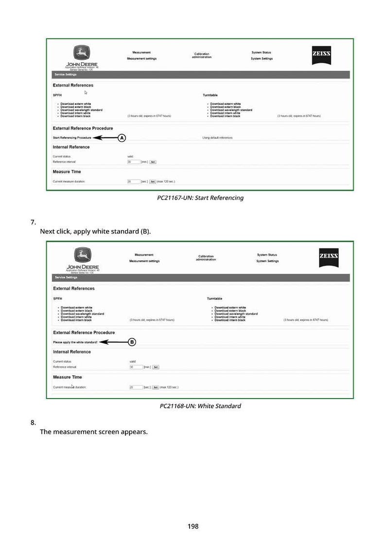 Puede incluir: Dos capturas de pantalla de un manual de servicio de John Deere, que muestran la interfaz ZEISS para referencias externas e internas. La primera pantalla est&aacute; etiquetada como PC21167-UN: Iniciar referencia. La segunda pantalla est&aacute; etiquetada como PC21168-UN: Est&aacute;ndar blanco.