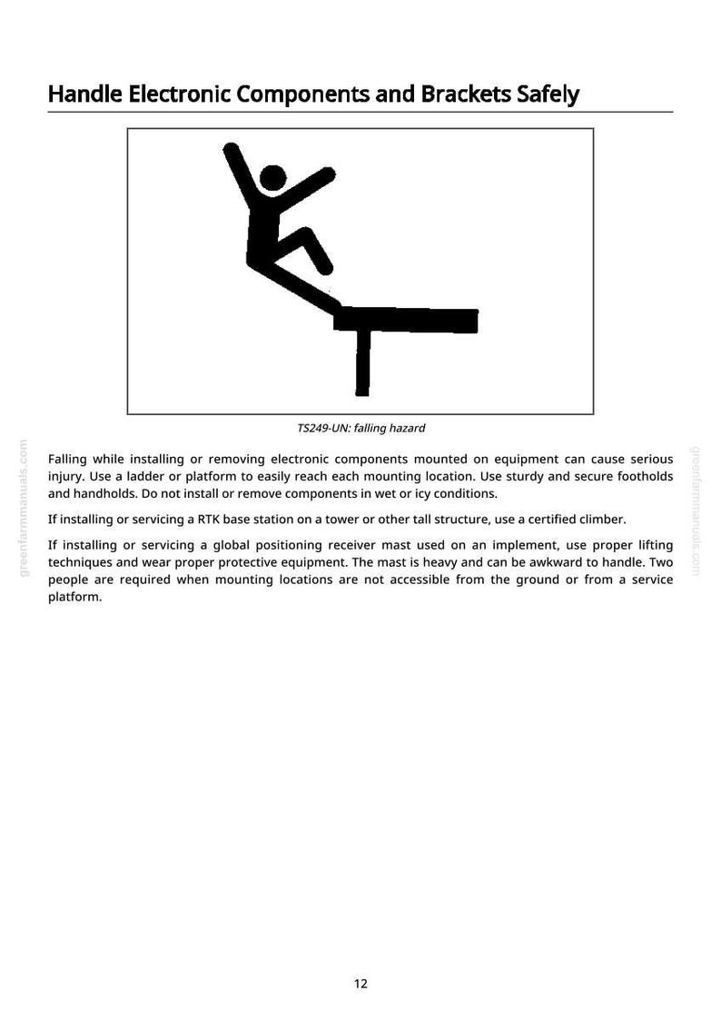 May include: Black and white safety sign with a stick figure falling from a platform. The text "Handle Electronic Components and Brackets Safely" is at the top. Below the image is the text "TS249-UN: falling hazard".