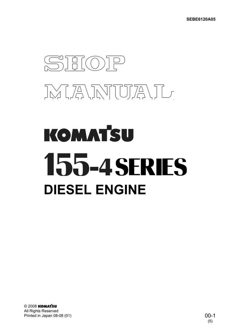May include: A white manual cover with the text "SHOP MANUAL" in outlined font. Below, the text "KOMATSU 155-4 SERIES DIESEL ENGINE" is displayed in bold, black font. The cover also includes copyright information.