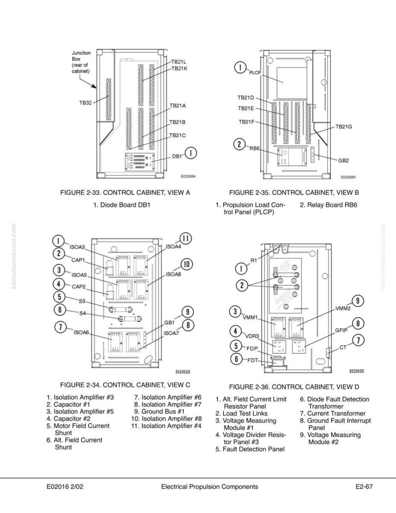 May include: Diagrams of control cabinets, views A, B, C, and D, with labels and component details. Includes diode boards, relay boards, amplifiers, capacitors, and voltage measuring modules. Text at the bottom reads "Electrical Propulsion Components".