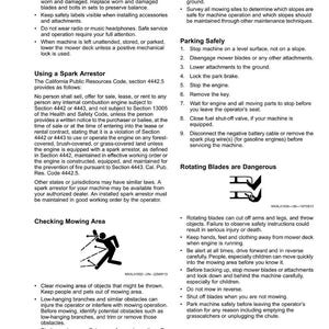 May include: A page from a safety manual, featuring text and diagrams. It details mower safety, spark arrestor instructions, mowing area checks, and safe parking procedures. Warnings about rotating blades are also present.