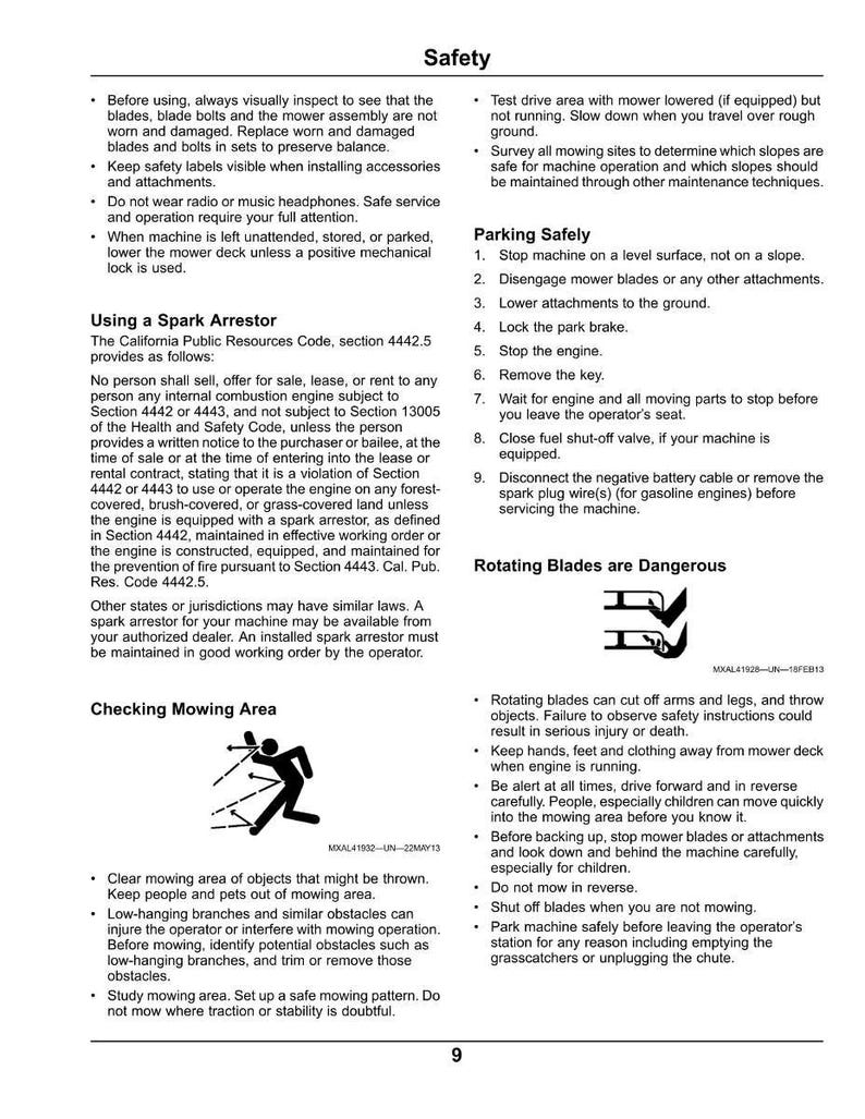 May include: A page from a safety manual, featuring text and diagrams. It details mower safety, spark arrestor instructions, mowing area checks, and safe parking procedures. Warnings about rotating blades are also present.