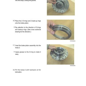 May include: Images from a technical manual showing the assembly of a mechanical component. The steps include placing steel plates, O-rings, and a brake piston into a body. The images show hands manipulating the parts.