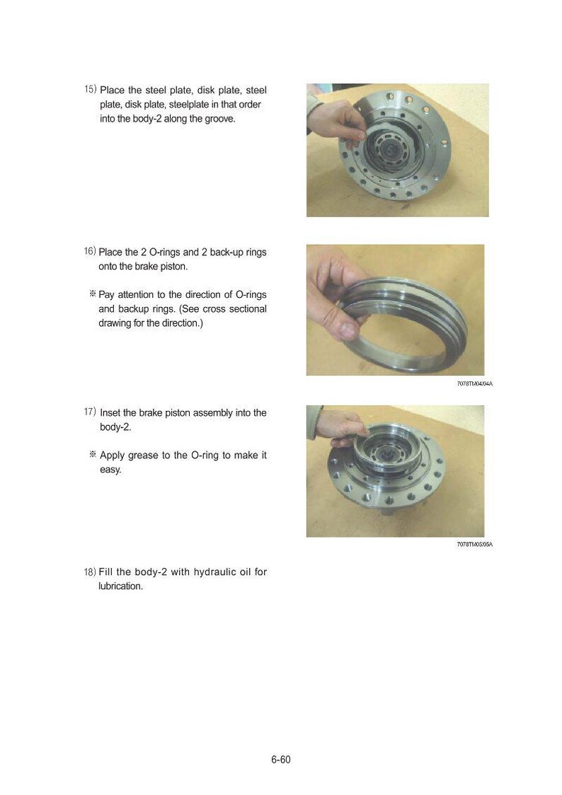 May include: Images from a technical manual showing the assembly of a mechanical component. The steps include placing steel plates, O-rings, and a brake piston into a body. The images show hands manipulating the parts.