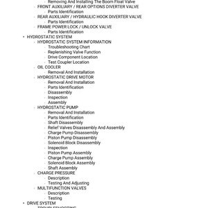 May include: A detailed technical document with a list of procedures and components for a machine. The document includes sections on the boom suspension, hydrostatic system, oil cooler, and hydrostatic pump. The text is in black font on a white background.