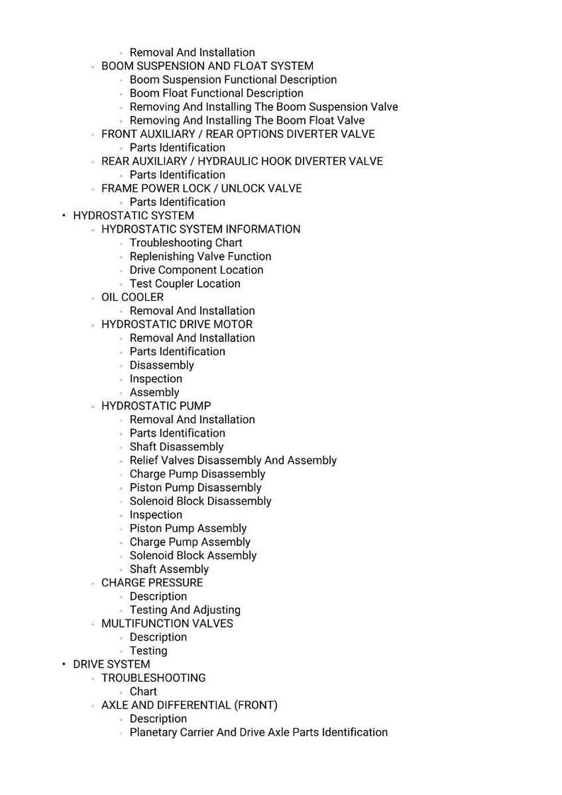 May include: A detailed technical document with a list of procedures and components for a machine. The document includes sections on the boom suspension, hydrostatic system, oil cooler, and hydrostatic pump. The text is in black font on a white background.