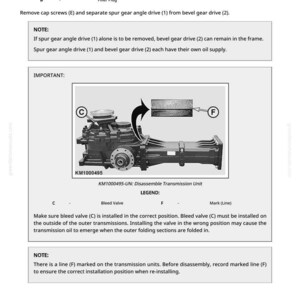 May include: Diagram of a transmission unit with labels and instructions. The image includes a detailed view of the unit, with arrows pointing to specific components. Text includes "KM1000495-UN: Disassemble Transmission Unit" and "Bleed Valve".