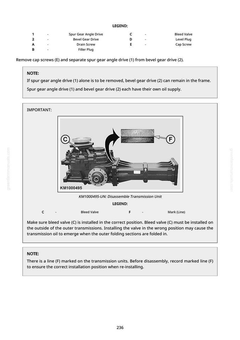 May include: Diagram of a transmission unit with labels and instructions. The image includes a detailed view of the unit, with arrows pointing to specific components. Text includes "KM1000495-UN: Disassemble Transmission Unit" and "Bleed Valve".