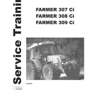 以下が含まれることがあります： 「Service Training」というタイトルの白黒のドキュメント。テキスト「Basic training Farmer 300Ci - EK 300 -」と「FARMER 307 Ci、FARMER 308 Ci、FARMER 309 Ci」が含まれています。中央にはトラクターの画像があります。
