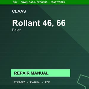 May include: A digital repair manual for a CLAAS Rollant 46, 66 baler. The title is in white, with the word "Baler" below. The words "Repair Manual" are in a green rectangle. The background is dark green.