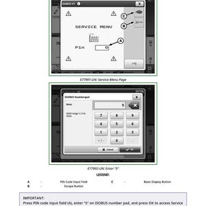 May include: A screenshot showing a service menu page and a number pad. The service menu page displays a "SERVICE MENU" with a PIN input field. The number pad shows numbers 0-9 and function keys. Text provides instructions.
