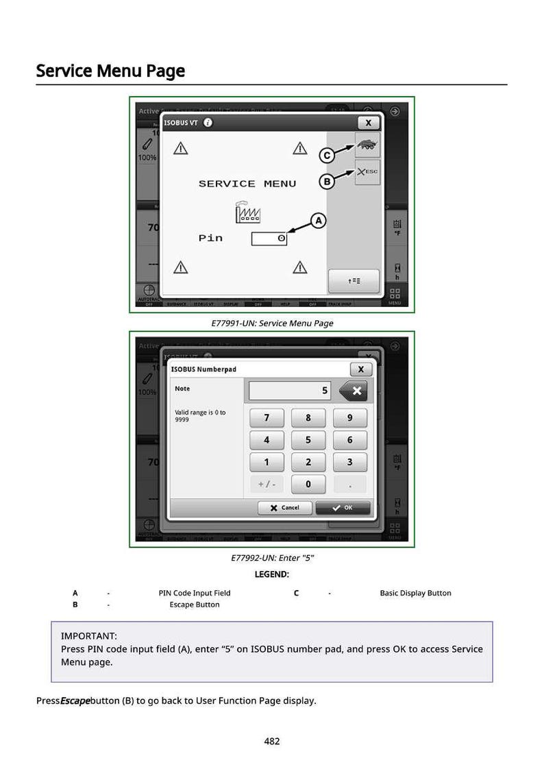 May include: A screenshot showing a service menu page and a number pad. The service menu page displays a "SERVICE MENU" with a PIN input field. The number pad shows numbers 0-9 and function keys. Text provides instructions.
