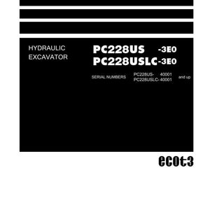 Op de afbeelding: Een zwart-wit werkplaatshandboek voor een hydraulische graafmachine. De handleiding bevat de tekst "Shop Manual", "HYDRAULIC EXCAVATOR" en de modelnummers PC228US en PC228USLC. Het Komatsu-logo staat onderaan.