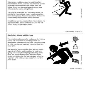 May include: A safety manual page with the title "Safety." The page includes text about avoiding injury from thrown objects and using safety lights and devices. Illustrations show a person and a tractor.
