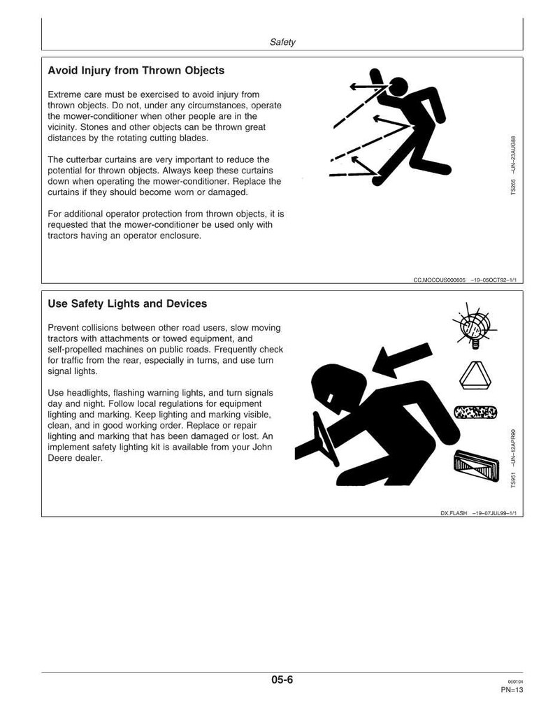 May include: A safety manual page with the title "Safety." The page includes text about avoiding injury from thrown objects and using safety lights and devices. Illustrations show a person and a tractor.
