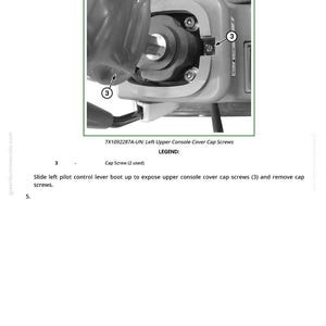 Puede incluir: Imagen de un componente mec&aacute;nico con el texto "TX1092287A-UN: Left Upper Console Cover Cap Screws". La imagen muestra un primer plano del componente con tornillos etiquetados como "3". El texto tambi&eacute;n incluye la leyenda "Cap Screw (2 used)".