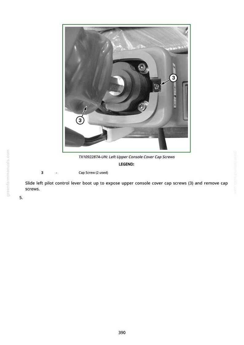Puede incluir: Imagen de un componente mec&aacute;nico con el texto "TX1092287A-UN: Left Upper Console Cover Cap Screws". La imagen muestra un primer plano del componente con tornillos etiquetados como "3". El texto tambi&eacute;n incluye la leyenda "Cap Screw (2 used)".