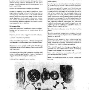 May include: An exploded view of a turbocharger, with various disassembled components like seals, rings, bolts, and housings. The image includes text with instructions for reassembly and maintenance, with measurements in inches and pounds.