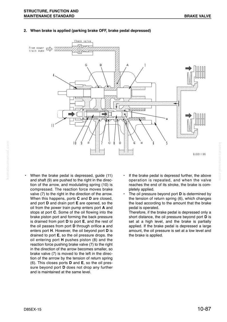 Pode incluir: Diagrama t&eacute;cnico de uma v&aacute;lvula de freio, mostrando os componentes internos e os caminhos do fluido. A imagem inclui r&oacute;tulos e setas, com texto explicativo do funcionamento da v&aacute;lvula.