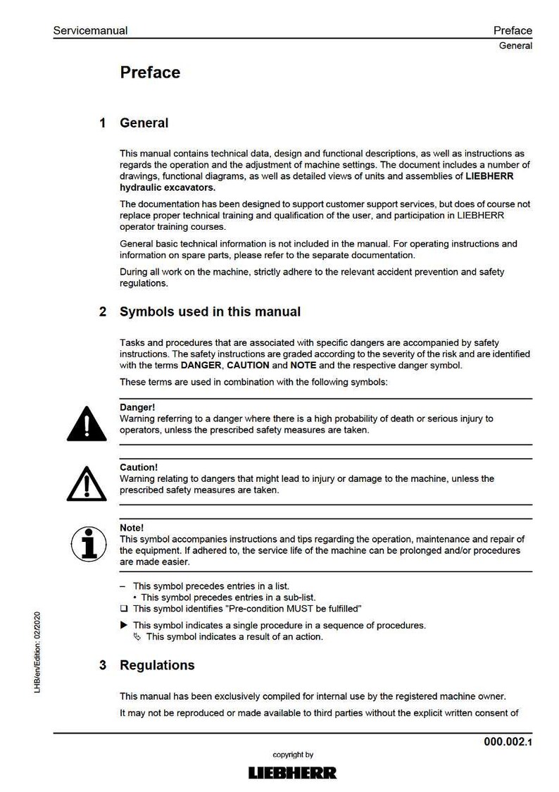 Puede incluir: Un documento blanco titulado "Prefacio" de un manual de servicio. El documento contiene datos t&eacute;cnicos, descripciones funcionales e instrucciones de seguridad para excavadoras hidr&aacute;ulicas LIEBHERR. Incluye s&iacute;mbolos de advertencia y regulaciones. Copyright LIEBHERR.