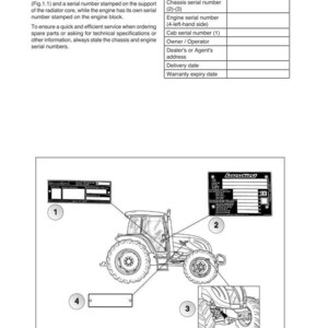 May include: Diagram of a tractor with callouts to various identification points, including the identification plate, chassis serial number, and engine serial number. The diagram is labeled "Fig. 1.1".
