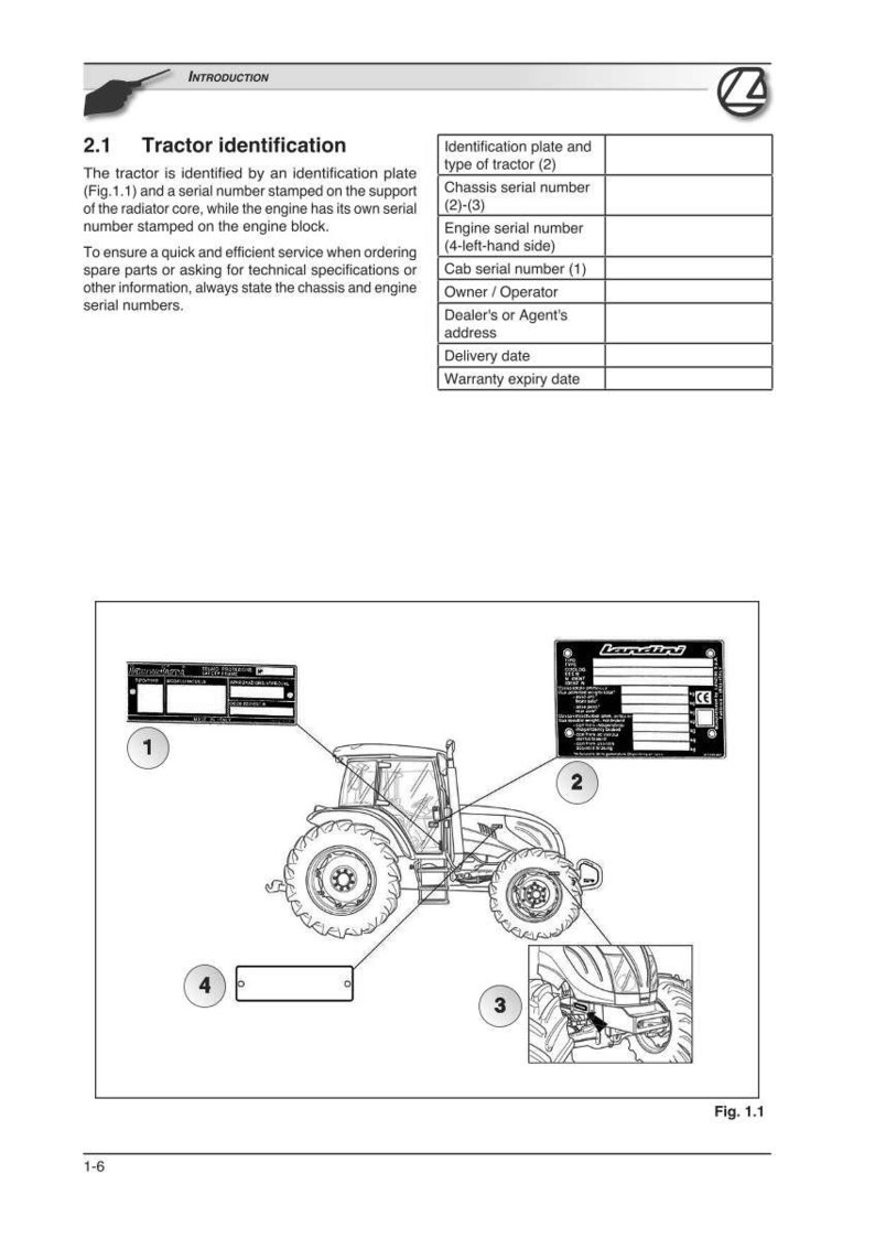 May include: Diagram of a tractor with callouts to various identification points, including the identification plate, chassis serial number, and engine serial number. The diagram is labeled "Fig. 1.1".