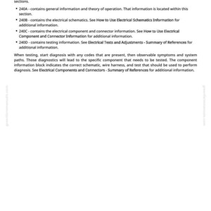 Pu&ograve; includere: Una pagina di un manuale intitolata "Come usare le informazioni elettriche". Il testo descrive la struttura delle informazioni elettriche, suddivisa in quattro sezioni: informazioni generali, schemi, componenti e test. La pagina include un indirizzo web e un numero di pagina.