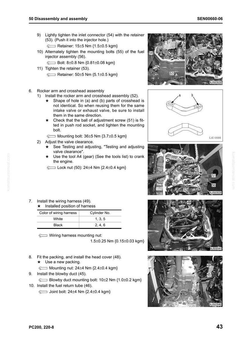 Pu&ograve; includere: Diagramma tecnico in bianco e nero con passaggi numerati per lo smontaggio e il montaggio di un motore. Include diagrammi di parti, specifiche di coppia in Nm e dettagli sul cablaggio. Intitolato "50 Smontaggio e assemblaggio".